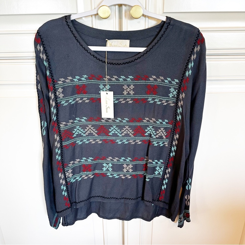 Love Sam Womens Grey Long Sleeve Embroidered Blouse Tunic Top Pullover Style NWT